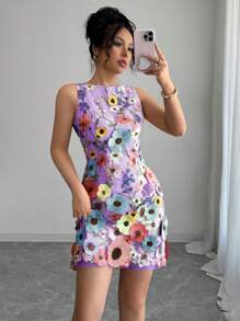 Rafferiza 女士圆领无袖优雅花卉印花修身迷你连衣裙 - 紫色 - 查看 5