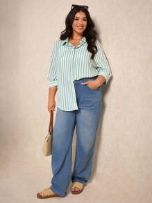 Elaquor Plus Size Boho Front Button Long Sleeve Striped Shirt , Casual Everyday Wear, For Summer - Green - View 4
