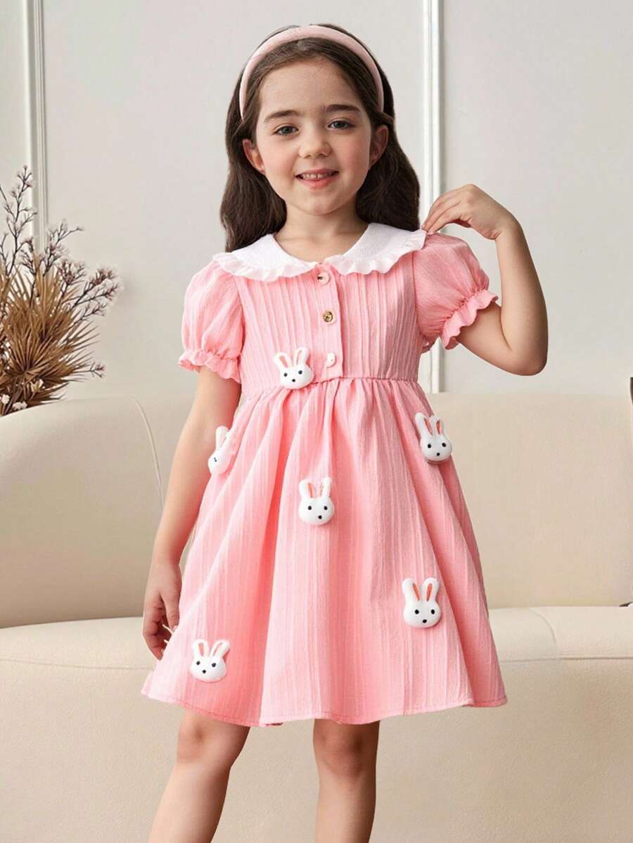 SHEIN Young Girls Cute Rabbit Collar Button Front Short Sleeve Dress