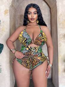 Slaydiva Conjunto de bañador tipo tankini de 2 piezas con estampado de leopardo y espalda cruzada descubierta para mujer talla grande