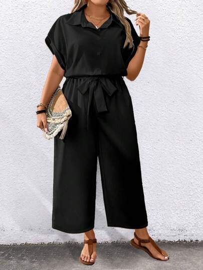 EMERY ROSE Women's Plus Size Solid Color Short Sleeve Turndown Collar With Belt And Pockets Casual Jumpsuit