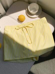 Comfortcana Women Summer Button-Up Striped Knot Hem Shorts - Yellow - View 5