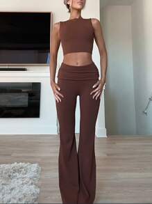 INAWLY Solva 女士夏季性感纯色露背短款上衣和喇叭裤套装 - 咖啡棕 - 查看 5