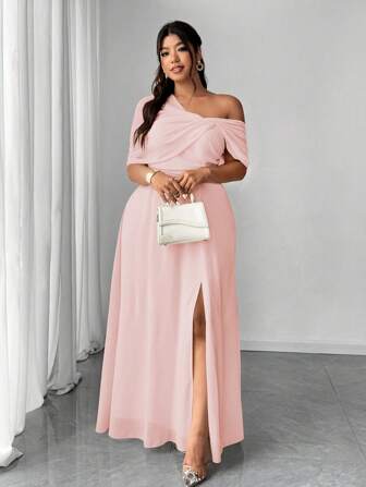 Elenzga Elegant romantisches Hochzeitsgast-Kleid in Große Größen für Damen, Chiffon-Kleid mit asymmetrischem Schlitz für Partys