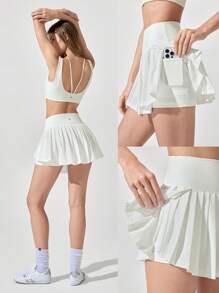 GLOWMODE Váy tennis xếp ly Ace Flex Tummy Control có quần short tích hợp túi bên hông quần vợt chơi golf hàng ngày xuân hè - trắng - Xem 8