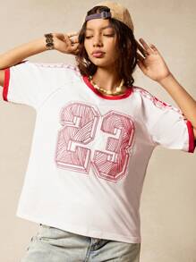 Easelle Women's Retro Casual V-Neck Oversized T-Shirt With Heavy Embroidery Applique - White - View 6