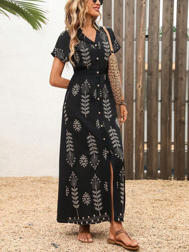 Women All-Over Print Long Vacation Casual Dress,Embroidered Patchwork Dress