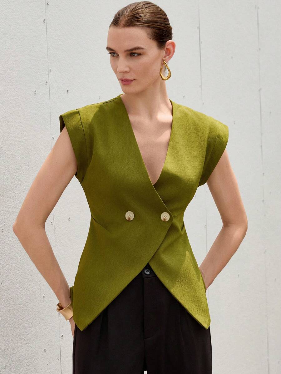 Aveloria Modichic New French Elegant Simple Commuting Versatile Rigorous Luxurious V-Neck Broad Shoulder Design Waist Ruched Slim-Fit Sleeveless Thin Blazer For Ladies - Army Green - View 1