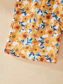 Sparklyn 两件套：亮橙色针织纹理露脐V领无袖上衣搭配碎花弹力腰直筒裤，休闲度假风套装，适合青少年女孩，春夏秋冬皆宜。 - 黃色 - 查看 3