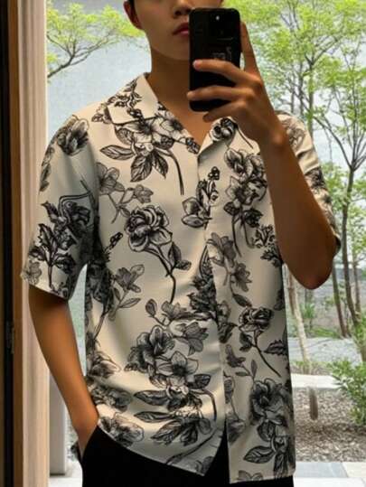 SHEIN 青少年男孩休闲短袖衬衫，运动街头装朋克摇滚学院风，适合日常、派对、音乐节、春夏季