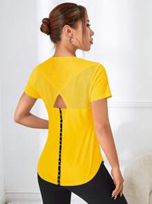 Easithlete Easithlete 女士字母印花镂空后背短袖运动T恤健身上衣女士瑜伽衫女士健身服女士服装运动健身服女士健身衫 - 黃色 - 查看 3