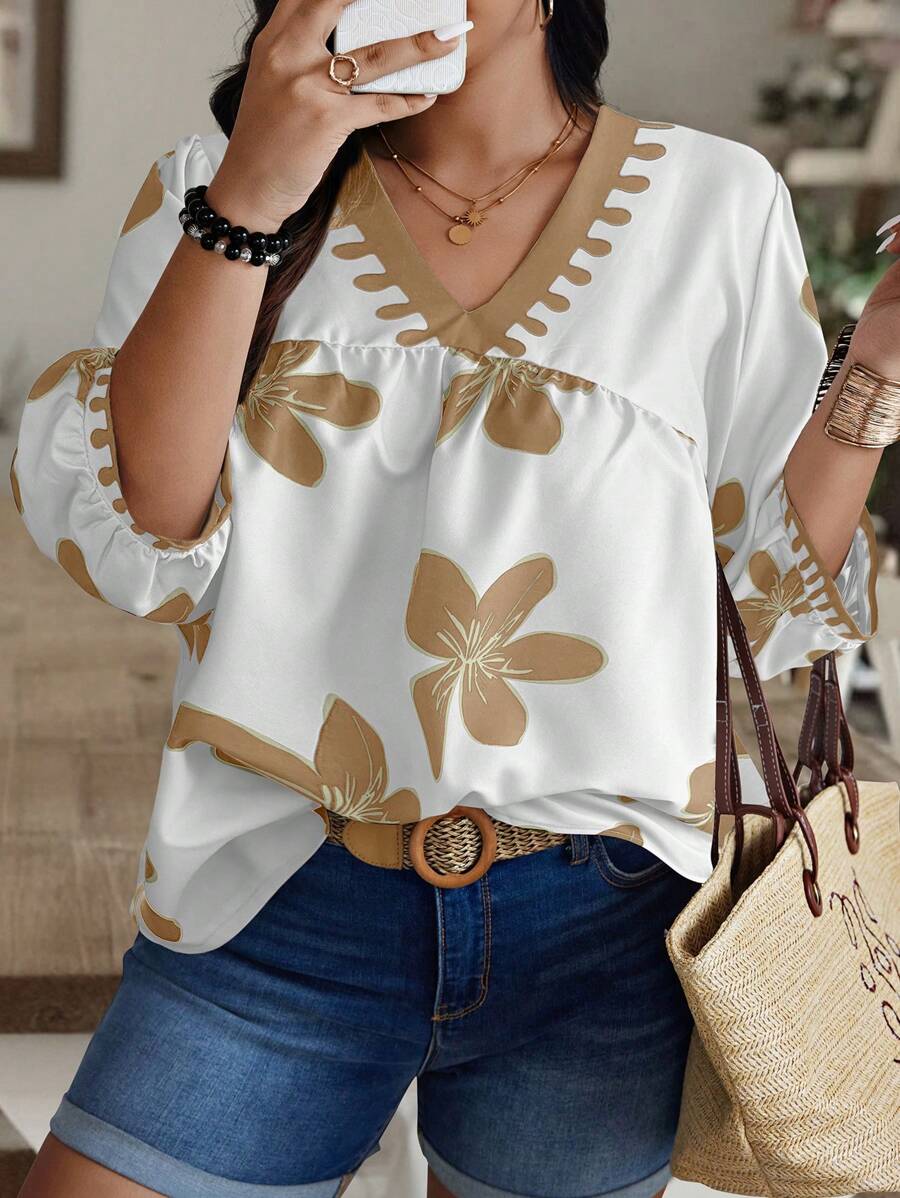 SHEIN Clasi 大码随机花卉印花度假休闲衬衫 - 卡其色 - 查看 1