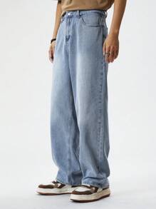 Chillumni Men's Casual Washed Straight Leg Denim Jeans - Blue - View 3