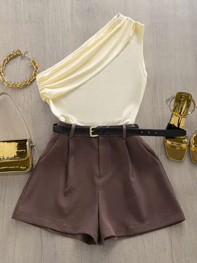 INAWLY Women 2pcs Set Solid Color Asymmetrical Neck Top And Shorts, Fashionable For Summer