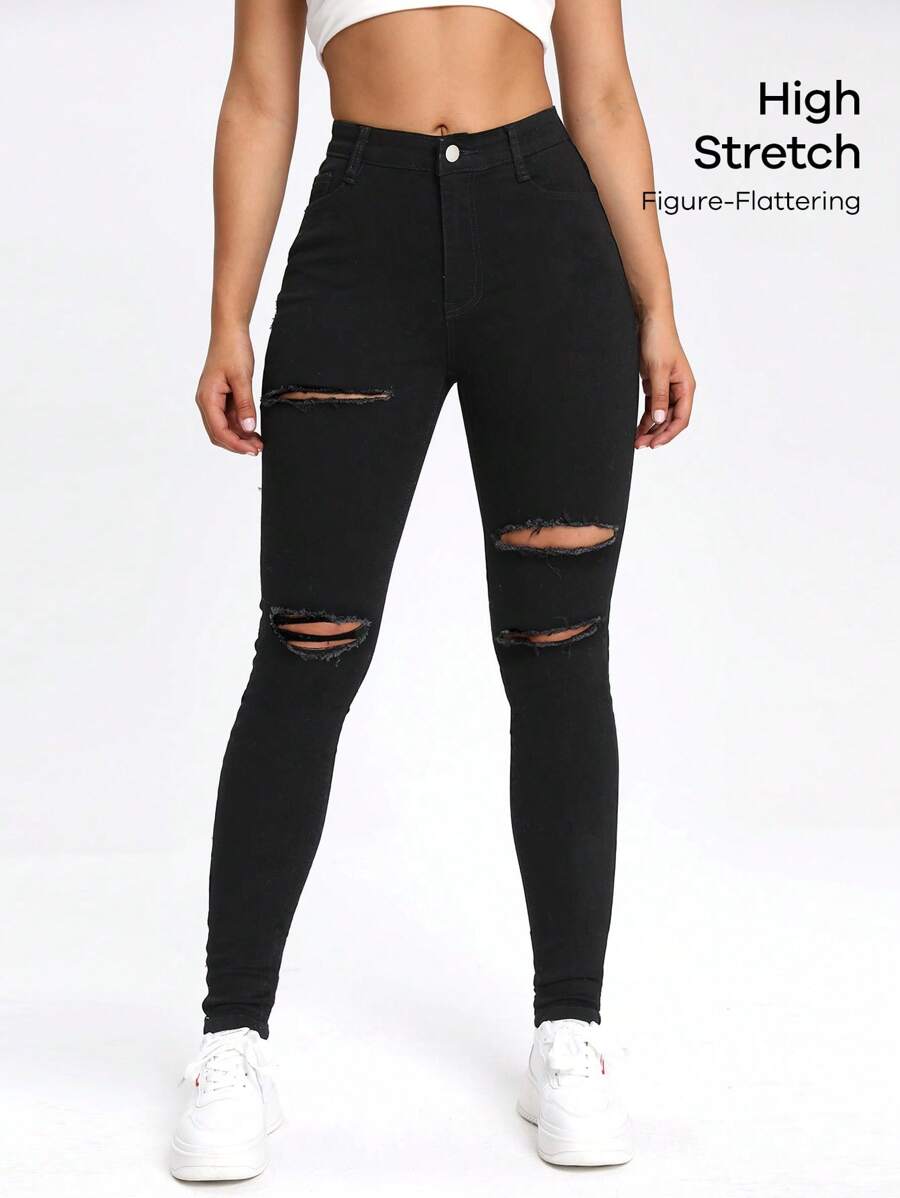SHEIN EZwear Black Slant Pocket Ripped Skinny Jeans - Black - View 1