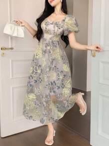 DAZY Women's Elegant Jacquard Mid-Length Dress, Summer Easter Floral Dresses For Women - Mauve Purple - View 7