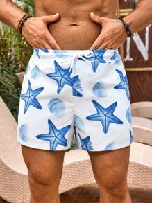 Manfinity VDAYZ Shorts casuales de playa con estampado de estrellas de mar para hombres, hawaianos
