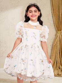 SHEIN Glamorique Kids 少女公主花卉刺绣轻盈连衣裙，甜美优雅 - 灰色 - 查看 3