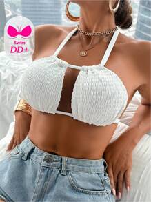 Swim DD+ Women's Summer Beach Solid Color Ruched Hollow-Out Sexy Halter Bikini Top - White - View 6