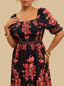 Travachic Plus Size Women Bohemian Puff Sleeve Floral Print Square Neck Casual Summer Vacation Dress