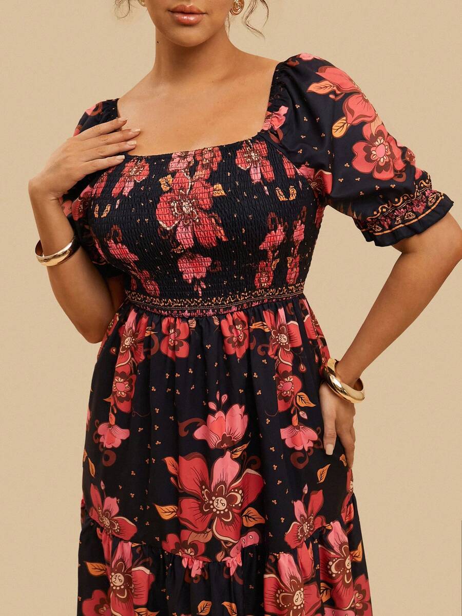Travachic Plus Size Women Bohemian Puff Sleeve Floral Print Square Neck Casual Summer Vacation Dress