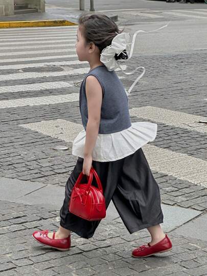 DAZY 2 件女童休闲 V 领荷叶边下摆拼色 T 恤和宽松阔腿裤两件套西装套装，夏季