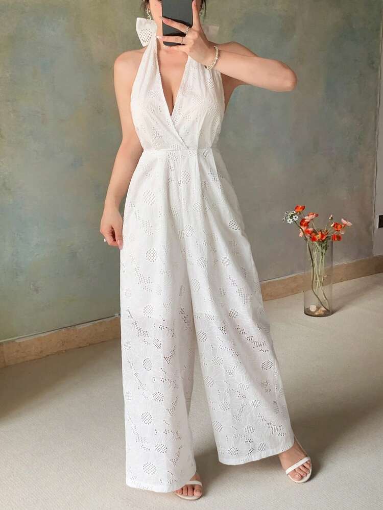 Women's Full Lace Halter Tie Wide Leg Solid Color Casual Vacation Jumpsuit Woman Summer Clothes Women White Birthday Women Summer Clothing Women Clothes Women Jumpsuits Cruise Outfit For Women