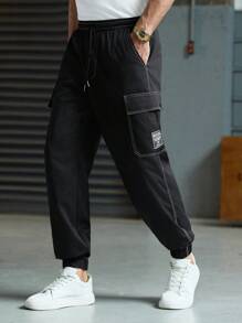 Manfinity VCAY Men's Woven Casual Daily Loose Solid Color Elastic Waist Straight Leg Cargo Pants, School - Black - View 2