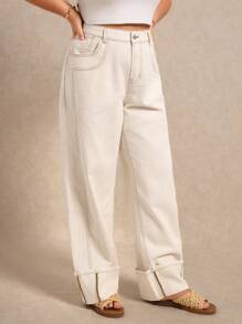 Elaquor Jeans de talla grande para mujer rectos y holgados, con bolsillos, casuales y versátiles - Albaricoque - Ver 4