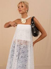 SHEIN Forever 21 Summer Women Prom/Formal/Beach/Vacation/Cute/Western Wear/Business Casual/Elegant/Birthday/Going Out/Club/Office Outfits/Festival/Rave/Work Clothes/Classy/Country Concert/Brunch/Cruise/Old Money/Airport/Modest/Church/Fairycore/ /Tea Party/Y2k/Streetwear/2000s/Disco/Spring Break/Graduation/Wedding Guest/Cocktail/Vintage/Bodycon/Resort/Wear The White Lace Dress Top Twice - White - View 8
