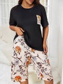 SHEIN Conjunto de pijama de manga corta con estampado floral y bolsillo, shorts, ropa talla grande - Multicolor - Ver 6