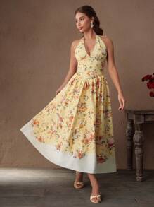 SHEIN Unity 优雅浪漫图案 V 领露背系带长裙，巴斯克腰部细节，适合约会、派对、春夏季 - 黃色 - 查看 6