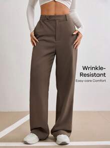 Modelyn Women's Solid Color Straight Loose Pocket Business Casual Pants In Fall/Winter - Coffee Brown - View 7