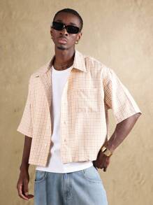 SUMWON Streetwear Short Sleeve Gingham Check Button Down Shirt Graphic Print Hotline Fashion Casual Summer Wear - Apricot - View 3