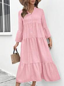 SHEIN LUNE Đầm suông rộng rãi đơn hàng khuy đơn cổ chữ V màu trơn cho nữ, trang phục maxi xuân hè cho nữ - Bụi hồng - Xem 6