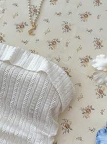 SHEIN 2pcs/Set Teen Girls White Knit Texture Ruched Waist Seamless Cropped Tank Top And Blue&White Striped Drawstring Waist Shorts Set, Casual Summer Lounge Outfit - Blue and White - View 4