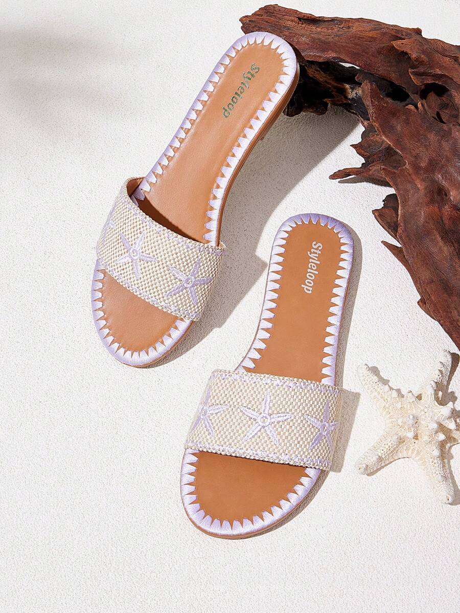 Styleloop Damen violette bestickter römischer Stil offene Zehe Flach Sandalen, elegant für formelle Anlässe