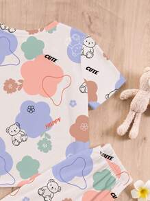 SHEIN Leap Crew Tween Girls Casual Simple Round Neck Short Sleeve Lounge Set, Suitable For Summer - Multicolor - View 4