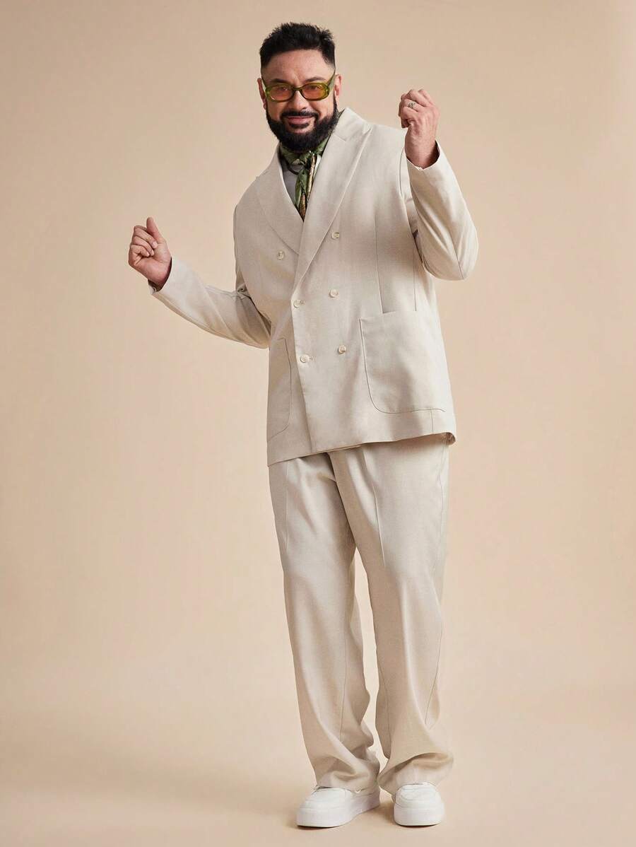 EASEVO Plus Size Men's Woven Double-Breasted Long Sleeve Suit Jacket & Pants Set - Khaki - View 1