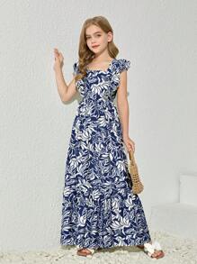 SHEIN Leap Crew 青少年女孩度假休闲时尚编织碎花方领荷叶边下摆连衣裙