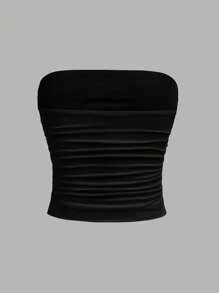 SHEIN Teen Girl Minimalist Comfortable Ruched Hem Black Tube Strapless Bandeau Top
