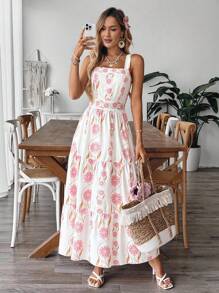 Breezaya 女式蓝白花卉印花高腰休闲假日办公室吊带裙 - 彩色 - 查看 4