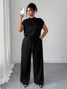 Elenzga Set de 2 piezas Talla grande Camisa informal elegante de tejido sólido sin mangas y Pantalones anchos de pierna de tejido sólido, Conjunto de ocio para mujer