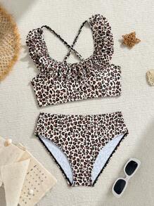 Tween Girls Cute Leopard Print Double  Ruffled Bikini Swimsuit Set,Adjustable Shoulder Straps Young Girl Summer Outfits Young Girls Sets Bathing Suits For Teens Sets Summer Bathing Suits For Teens Summer Bathing Suits 1pc For Teens - Brown - View 1