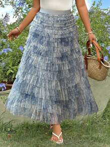 Elenzga Plus Size Floral Print Ruched Gradient Hem Skirt,Valentine Fall Cloth For Women