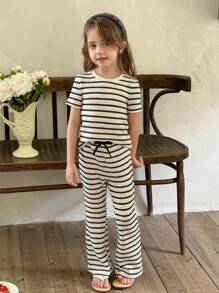 LMoss Kids LMoss 2pcs/Set Girl Knit Striped Round Neck Casual T-Shirt & Fitted Long Pants Outfit Girls Lounge Set Two Pieces Pants Set Kids Summer Lounge Set Tweens Two Piece Pants Set Kids Tween Girl Clothes Pants Set Tween Matching Set Knit Girls Co Ord Set School Tops - Black and White - View 3