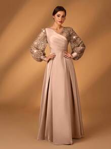 Serin Elegancka luksusowa sukienka damska z satyny z koralikami i cekinami, z rękawami w kształcie latarni, z dekoltem w serek i marszczeniami na dole w kształcie litery A, odpowiednia dla matek na wesela, imprezy, przyjęcia, wieczorne gale