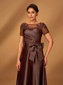 Serin Summer Elegant Gorgeous Romantic Coffee-Colored Mesh Splicing Satin Pleated Luxury Sequins Applique Short Sleeves Bow A-Line Hem Suitable For Dinner Bachelorette Party Date Holiday Dance Music Festival Wedding Event Evening Dress Bride Mother Dress, Valentine's Day - Coffee - View 6