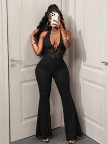BamGleam 女式V领黑色蕾丝透视性感连体裤 - 黑色 - 查看 7