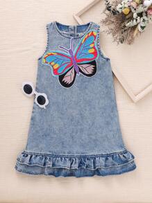 SHEIN 1pc Girls Denim Butterfly Embroidery Vest Dress With Ruffled Double Layer Skirt, Fashionable Casual Everyday Wear, Cute Summer New Arrival - Blue - View 3